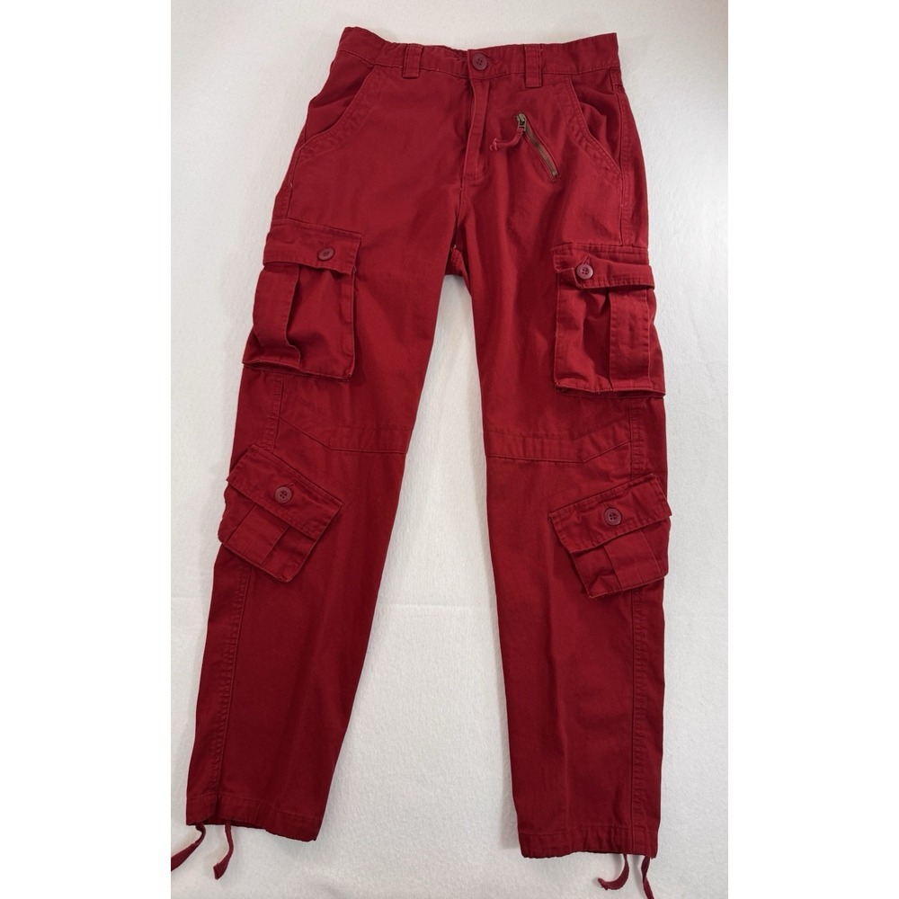 Mens Cargo Pants Size 30x29 Red 9 Pockets Utility Drawstring Straight Leg
